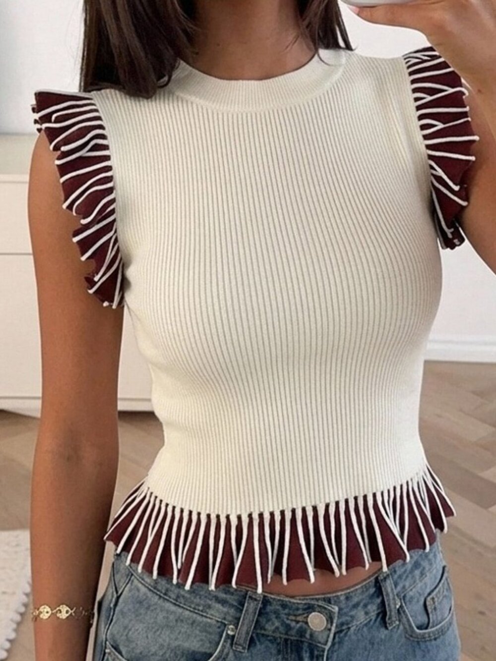 Apricot Casual Women's Rib-Knit Ruffle Hem Sleeveless Top